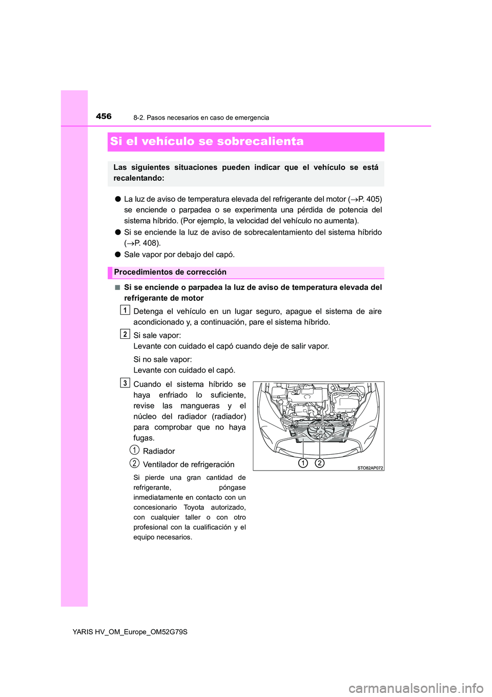 TOYOTA YARIS HATCHBACK 2016 Manual del propietario (in Spanish) 4568-2. Pasos necesarios en caso de emergencia
YARIS HV_OM_Europe_OM52G79S
Si el vehículo se sobrecalienta
●La luz de aviso de temperatura elevada del refrigerante del motor (P. 405)
se enciend TOYOTA YARIS HATCHBACK 2016 Manual del propietario (in Spanish) 4568-2. Pasos necesarios en caso de emergencia
YARIS HV_OM_Europe_OM52G79S
Si el vehículo se sobrecalienta
●La luz de aviso de temperatura elevada del refrigerante del motor (P. 405)
se enciend