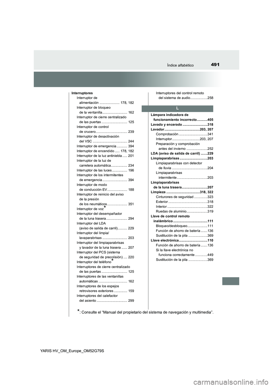 TOYOTA YARIS HATCHBACK 2016 Manual del propietario (in Spanish) 491Índice alfabético
YARIS HV_OM_Europe_OM52G79S
Interruptores
Interruptor de
alimentación ..................... 178, 182
Interruptor de bloqueo
de la ventanilla.......................... 162 TOYOTA YARIS HATCHBACK 2016 Manual del propietario (in Spanish) 491Índice alfabético
YARIS HV_OM_Europe_OM52G79S
Interruptores
Interruptor de
alimentación ..................... 178, 182
Interruptor de bloqueo
de la ventanilla.......................... 162