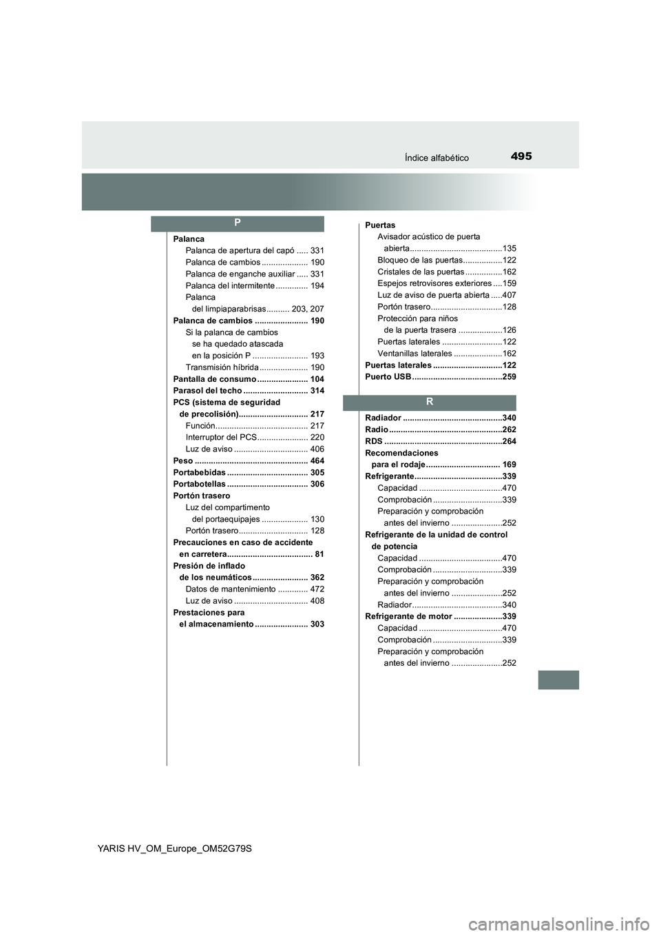 TOYOTA YARIS HATCHBACK 2016 Manual del propietario (in Spanish) 495Índice alfabético
YARIS HV_OM_Europe_OM52G79S
Palanca
Palanca de apertura del capó ..... 331
Palanca de cambios .................... 190
Palanca de enganche auxiliar ..... 331
Palanca del in TOYOTA YARIS HATCHBACK 2016 Manual del propietario (in Spanish) 495Índice alfabético
YARIS HV_OM_Europe_OM52G79S
Palanca
Palanca de apertura del capó ..... 331
Palanca de cambios .................... 190
Palanca de enganche auxiliar ..... 331
Palanca del in