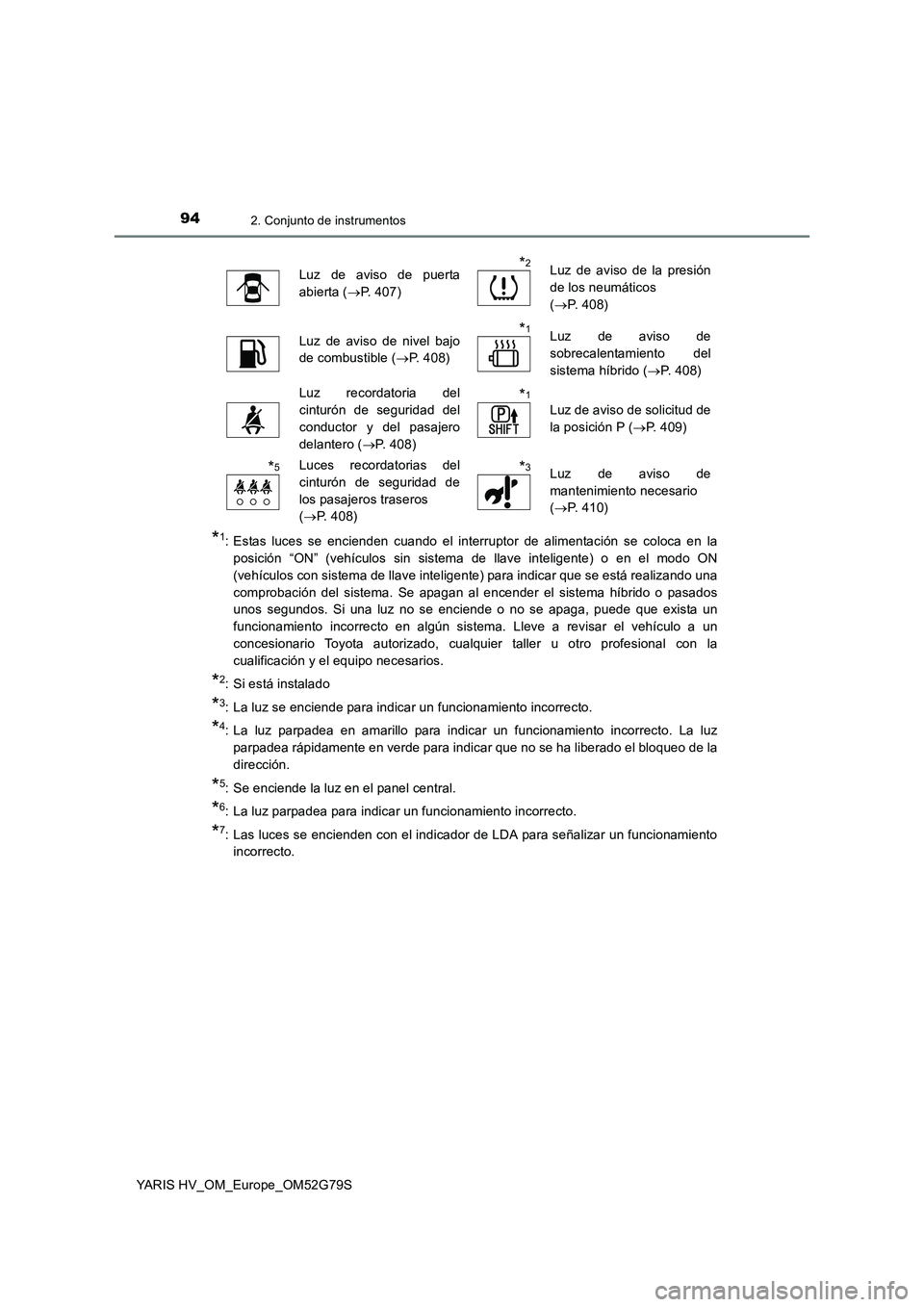 TOYOTA YARIS HATCHBACK 2016 Manual del propietario (in Spanish) 942. Conjunto de instrumentos
YARIS HV_OM_Europe_OM52G79S
*1: Estas luces se encienden cuando el interruptor de alimentación se coloca en la
posición “ON” (vehículos sin sistema de llave intel TOYOTA YARIS HATCHBACK 2016 Manual del propietario (in Spanish) 942. Conjunto de instrumentos
YARIS HV_OM_Europe_OM52G79S
*1: Estas luces se encienden cuando el interruptor de alimentación se coloca en la
posición “ON” (vehículos sin sistema de llave intel