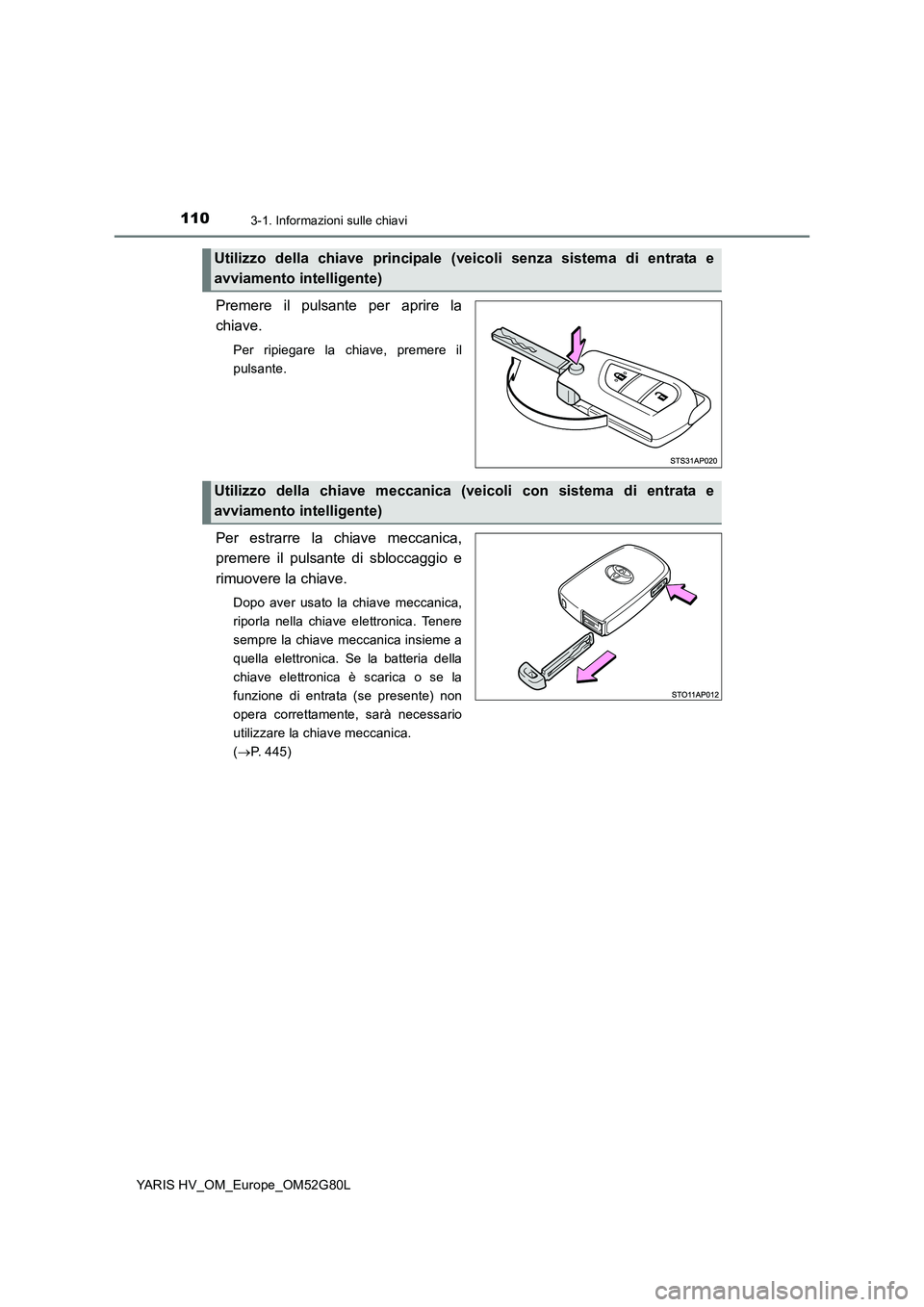 TOYOTA YARIS HATCHBACK 2016  Manuale duso (in Italian) 1103-1. Informazioni sulle chiavi
YARIS HV_OM_Europe_OM52G80L
Premere il pulsante per aprire la 
chiave.
Per ripiegare la chiave, premere il 
pulsante.
Per estrarre la chiave meccanica, 
premere il pu