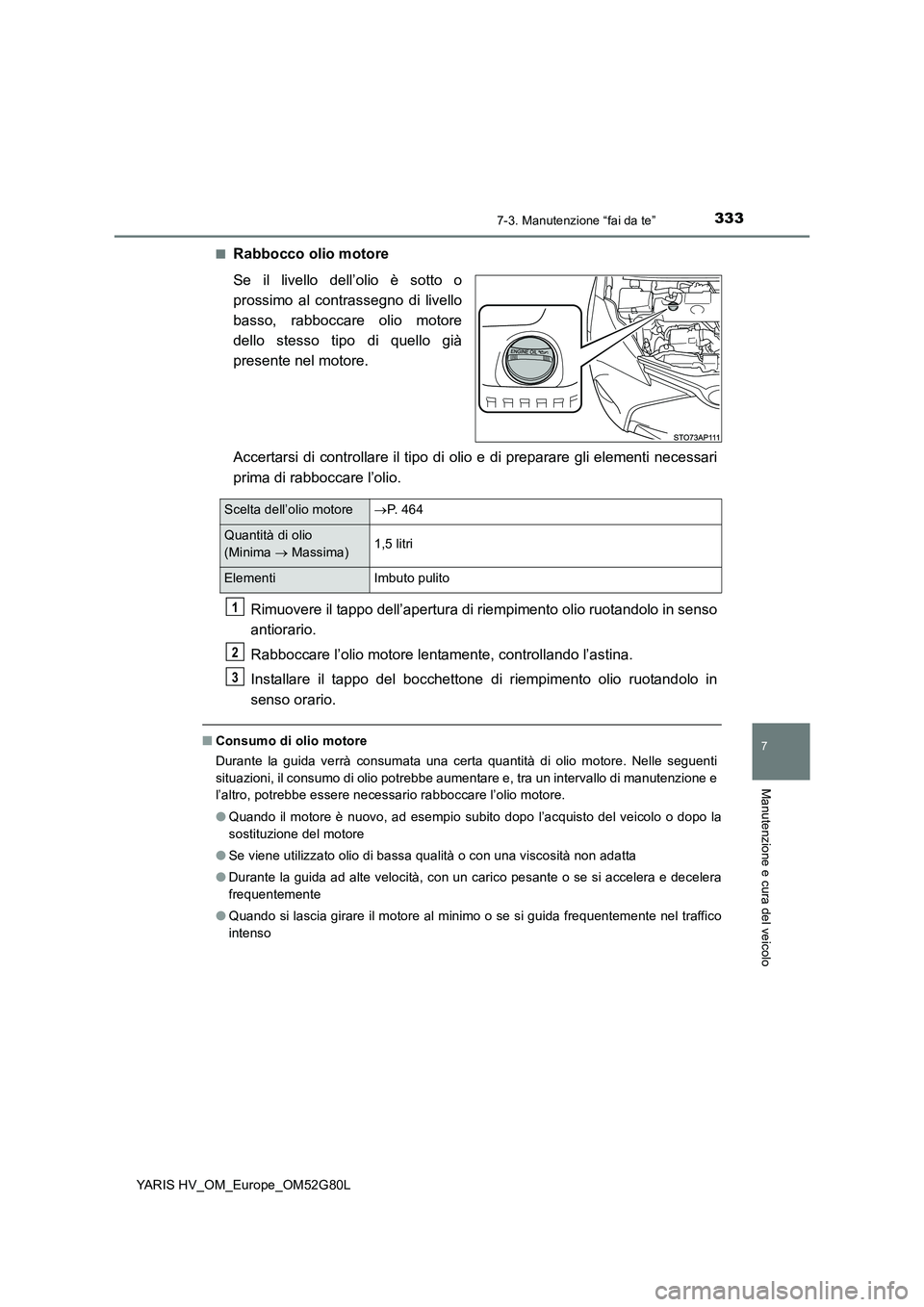 TOYOTA YARIS HATCHBACK 2016  Manuale duso (in Italian) 3337-3. Manutenzione “fai da te”
7
Manutenzione e cura del veicolo
YARIS HV_OM_Europe_OM52G80L 
■Rabbocco olio motore 
Se il livello dell’olio è sotto o 
prossimo al contrassegno di livello
b