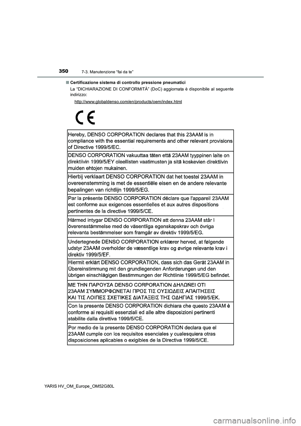 TOYOTA YARIS HATCHBACK 2016  Manuale duso (in Italian) 3507-3. Manutenzione “fai da te”
YARIS HV_OM_Europe_OM52G80L 
■ Certificazione sistema di controllo pressione pneumatici 
La “DICHIARAZIONE DI CONFORMITÀ” (DoC) aggiornata è disponibile al