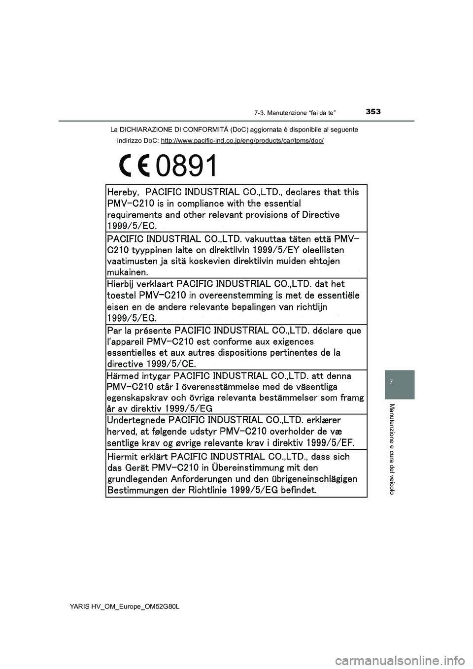 TOYOTA YARIS HATCHBACK 2016  Manuale duso (in Italian) 3537-3. Manutenzione “fai da te”
7
Manutenzione e cura del veicolo
YARIS HV_OM_Europe_OM52G80L 
La DICHIARAZIONE DI CONFORMITÀ (DoC) aggiornata è disponibile al seguente 
indirizzo DoC: http://w