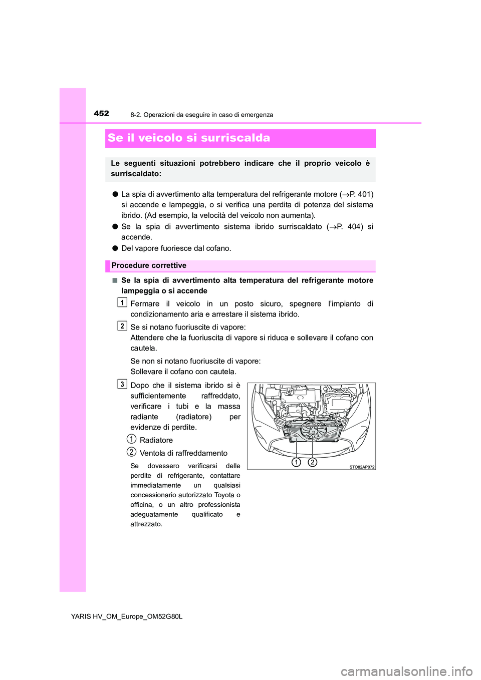 TOYOTA YARIS HATCHBACK 2016  Manuale duso (in Italian) 4528-2. Operazioni da eseguire in caso di emergenza
YARIS HV_OM_Europe_OM52G80L
Se il veicolo si surriscalda
●La spia di avvertimento alta temperatura del refrigerante motore (P. 401) 
si accende