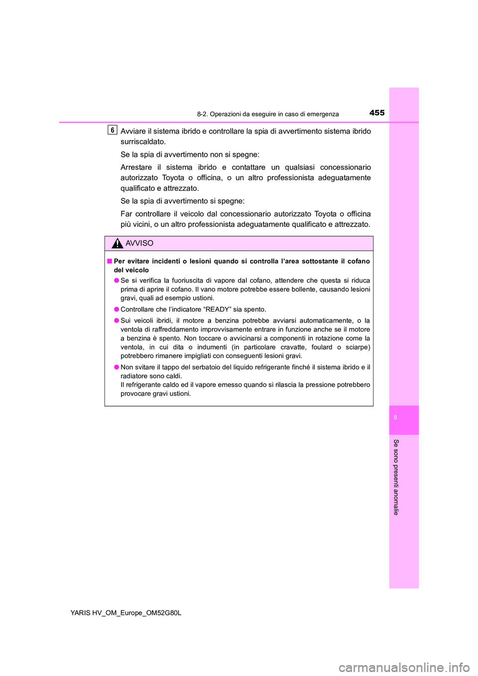 TOYOTA YARIS HATCHBACK 2016  Manuale duso (in Italian) 4558-2. Operazioni da eseguire in caso di emergenza
8
Se sono presenti anomalie
YARIS HV_OM_Europe_OM52G80L
Avviare il sistema ibrido e controllare la spia di avvertimento sistema ibrido 
surriscaldat