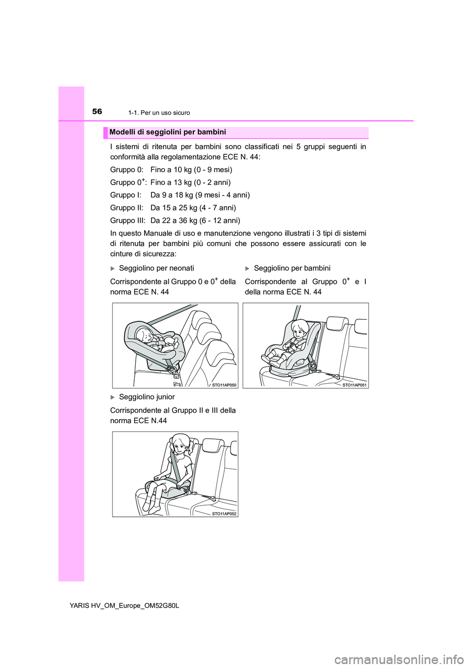 TOYOTA YARIS HATCHBACK 2016  Manuale duso (in Italian) 561-1. Per un uso sicuro
YARIS HV_OM_Europe_OM52G80L
I sistemi di ritenuta per bambini sono classificati nei 5 gruppi seguenti in 
conformità alla regolamentazione ECE N. 44: 
Gruppo 0: Fino a 10 kg 