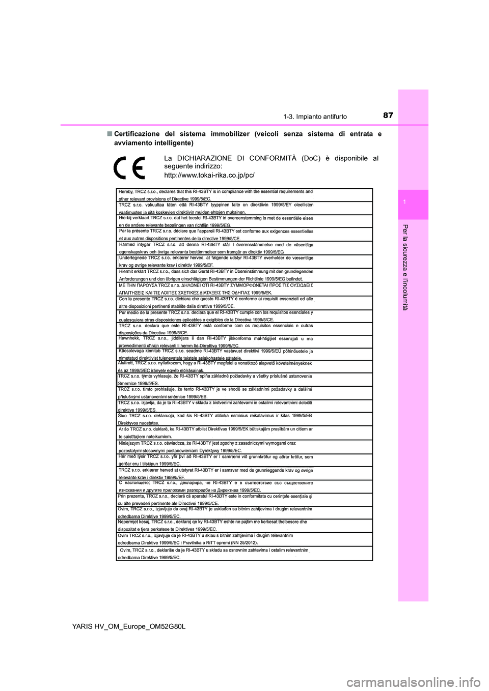 TOYOTA YARIS HATCHBACK 2016  Manuale duso (in Italian) 871-3. Impianto antifurto
1
Per la sicurezza e l’incolumità
YARIS HV_OM_Europe_OM52G80L 
■ Certificazione del sistema immobilizer (veicoli senza sistema di entrata e 
avviamento intelligente)
La 