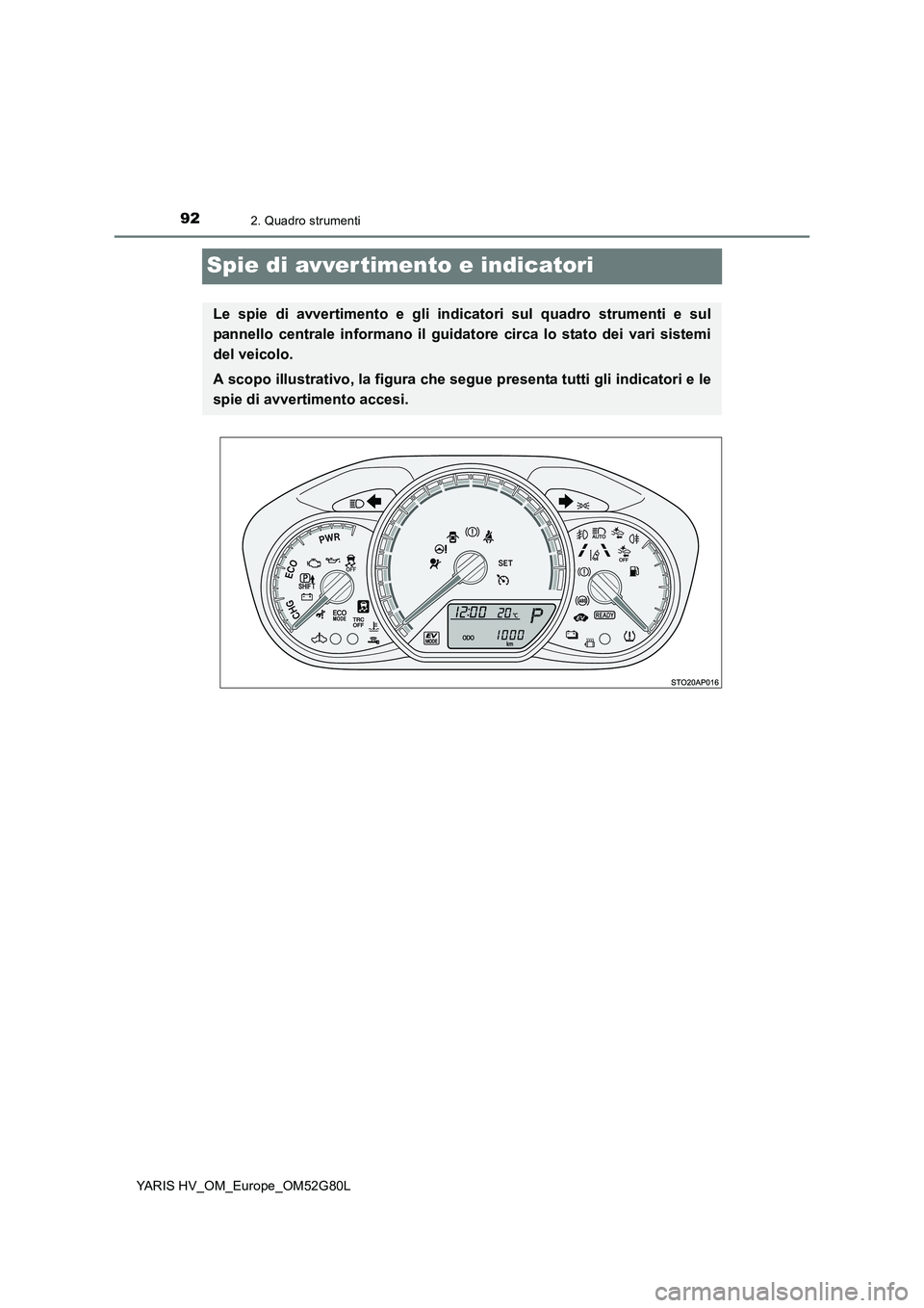 TOYOTA YARIS HATCHBACK 2016  Manuale duso (in Italian) 922. Quadro strumenti
YARIS HV_OM_Europe_OM52G80L
Spie di avvertimento e indicatori
Le spie di avvertimento e gli indicatori sul quadro strumenti e sul 
pannello centrale informano il guidatore circa 