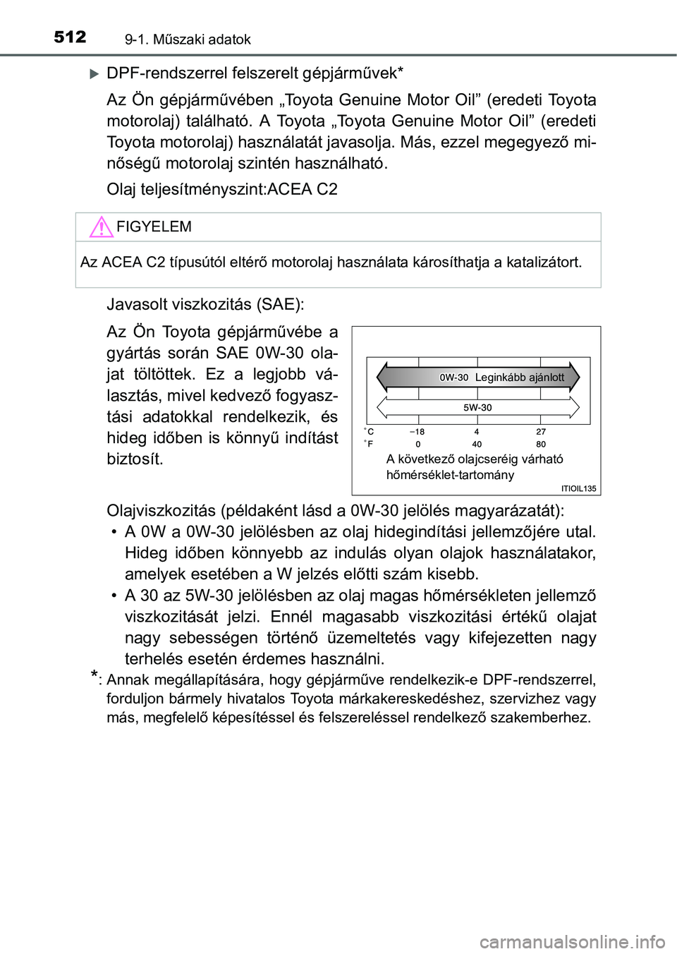 TOYOTA YARIS HATCHBACK 2016  Kezelési útmutató (in Hungarian) 5129-1. Műszaki adatok
DPF-rendszerrel felszerelt gépjárművek*
Az Ön gépjárművében „Toyota Genuine Motor Oil” (eredeti Toyota
motorolaj) található. A Toyota „Toyota Genuine Motor O