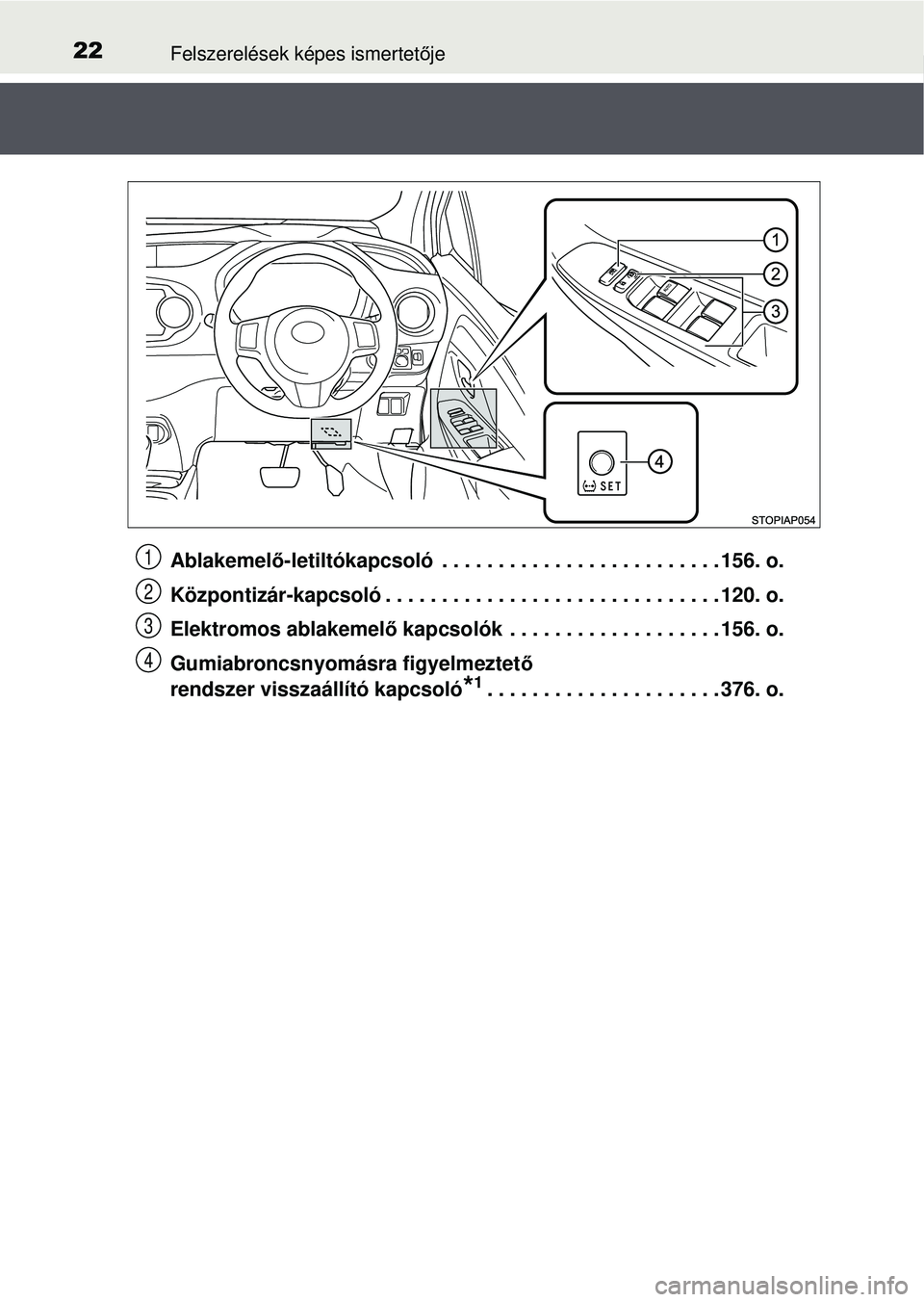 TOYOTA YARIS HATCHBACK 2015  Kezelési útmutató (in Hungarian) 22Felszerelések képes ismertetője
Ablakemel ő-letiltókapcsoló  . . . . . . . . . . . . . . . . . . . . . . . . . 156. o.
Központizár-kapcsoló . . . . . . . . . . . . . . . . . . . . . . . . .