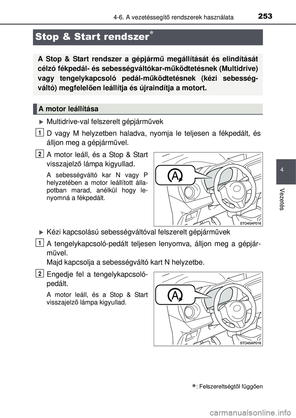TOYOTA YARIS HATCHBACK 2015  Kezelési útmutató (in Hungarian) 253
4
4-6. A vezetéssegítő rendszerek használata
Vezetés
Stop & Start rendszer
Multidrive-val felszerelt gépjárm űvek
D vagy M helyzetben haladva, nyomja le teljesen a fékpedált, és\
