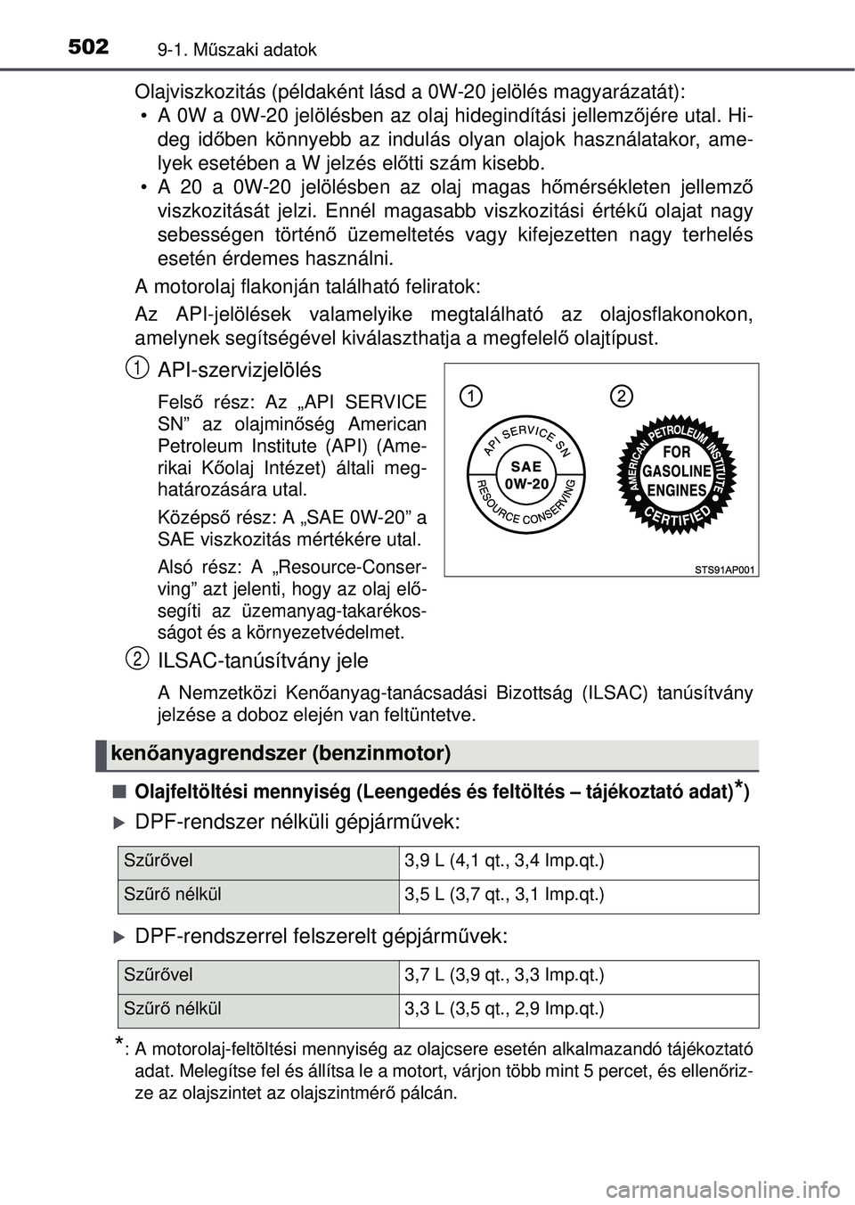 TOYOTA YARIS HATCHBACK 2015  Kezelési útmutató (in Hungarian) 5029-1. Műszaki adatok
Olajviszkozitás (példaként lásd  a 0W-20 jelölés magyarázatát): 
• A 0W a 0W-20 jelölésben az olaj hidegindítási jellemz őjére utal. Hi-
deg idő ben könnyebb 