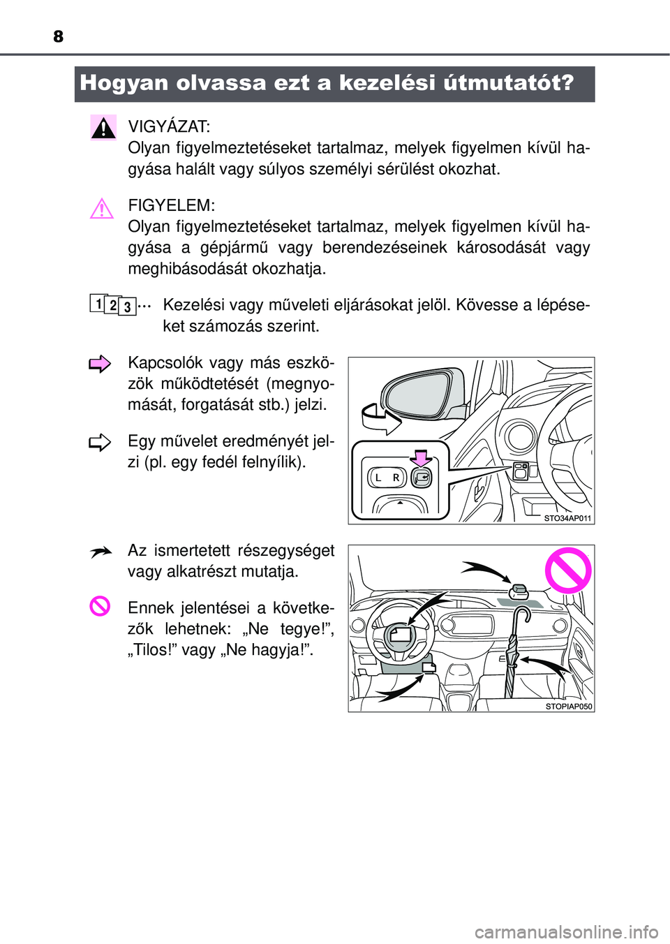 TOYOTA YARIS HATCHBACK 2015  Kezelési útmutató (in Hungarian) 8
Hogyan olvassa ezt a kezelési útmutatót?
VIGYÁZAT: 
Olyan figyelmeztetéseket tartalmaz, melyek figyelmen kívül ha-
gyása halált vagy súlyos személyi sérülést okozhat.\
FIGYELEM: 
Olya