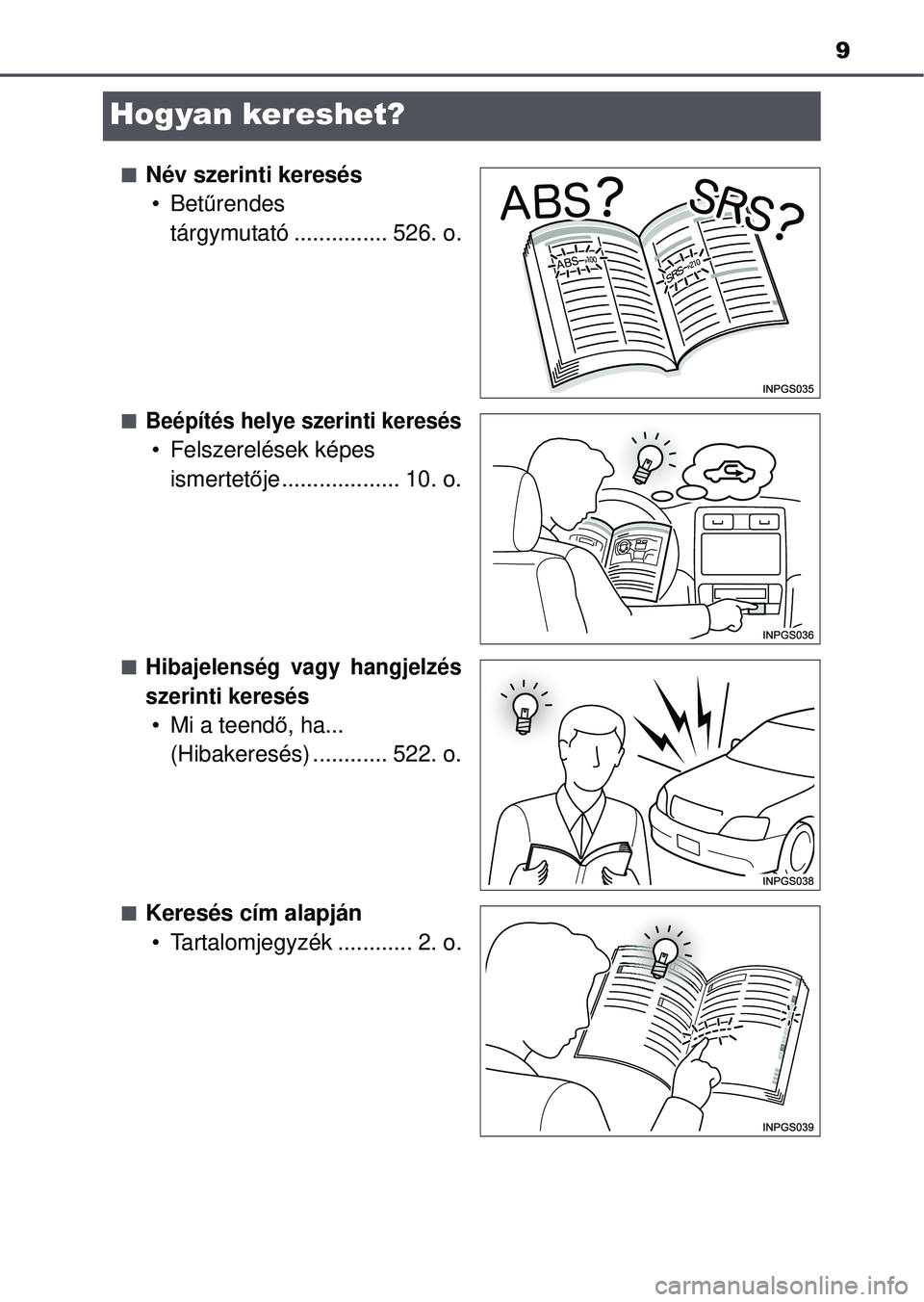 TOYOTA YARIS HATCHBACK 2015  Kezelési útmutató (in Hungarian) 9
Hogyan kereshet?
Név szerinti keresés•Bet űrendes 
tárgymutató ............... 526. o.
Beépítés helye szerinti keresés
• Felszerelések képes 
ismertet ője................... 10