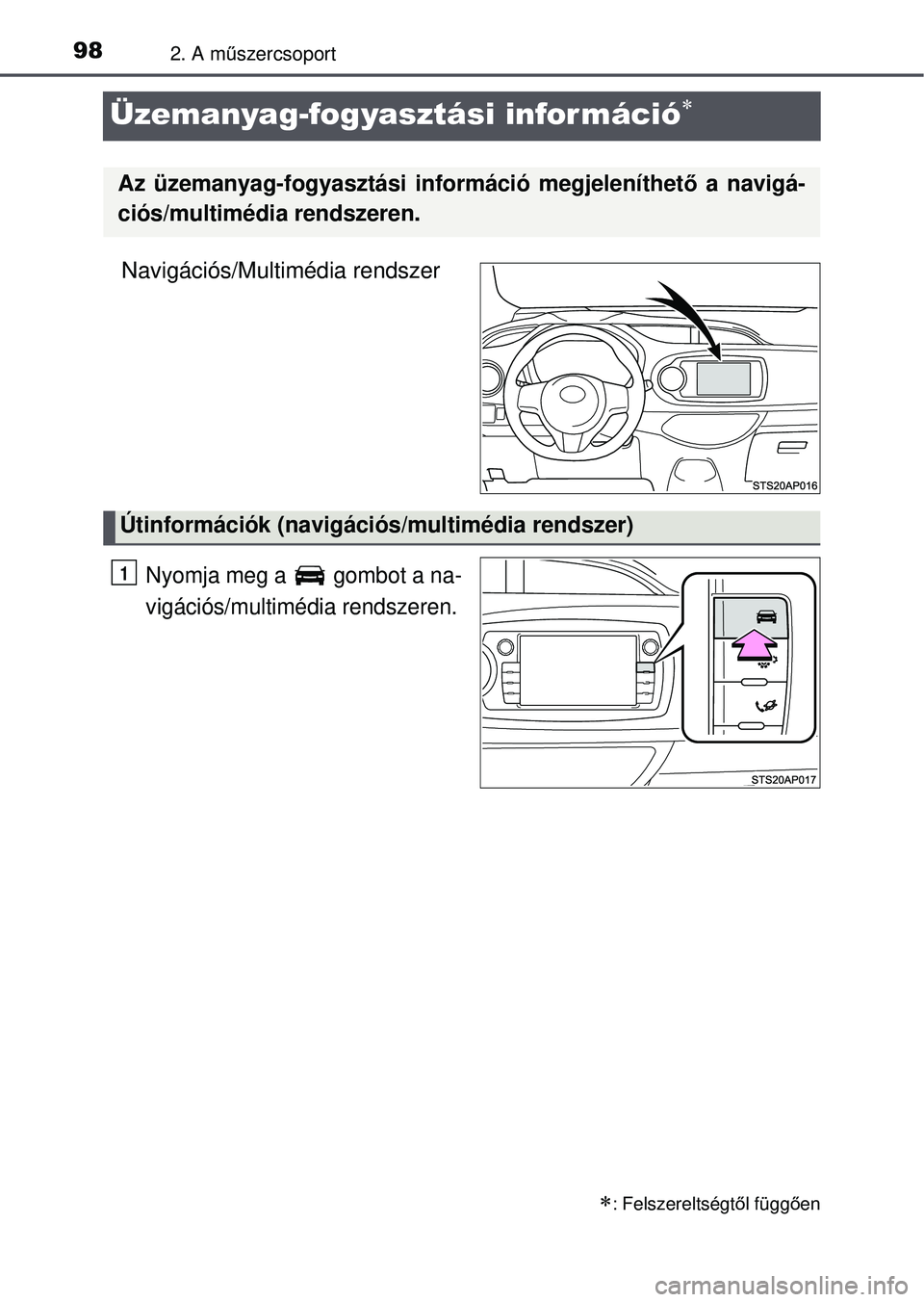 TOYOTA YARIS HATCHBACK 2015  Kezelési útmutató (in Hungarian) 982. A műszercsoport
Üzemanyag-fogyasztási információ
Navigációs/Multimédia rendszer
Nyomja meg a   gombot a na-
vigációs/multimédia rendszeren.
: Felszereltségt ől függ ően
Az ü
