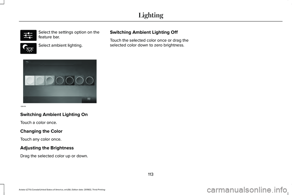 LINCOLN AVIATOR 2020  Owners Manual Select the settings option on the
feature bar.
Select ambient lighting.
Switching Ambient Lighting On
Touch a color once.
Changing the Color
Touch any color once.
Adjusting the Brightness
Drag the sel