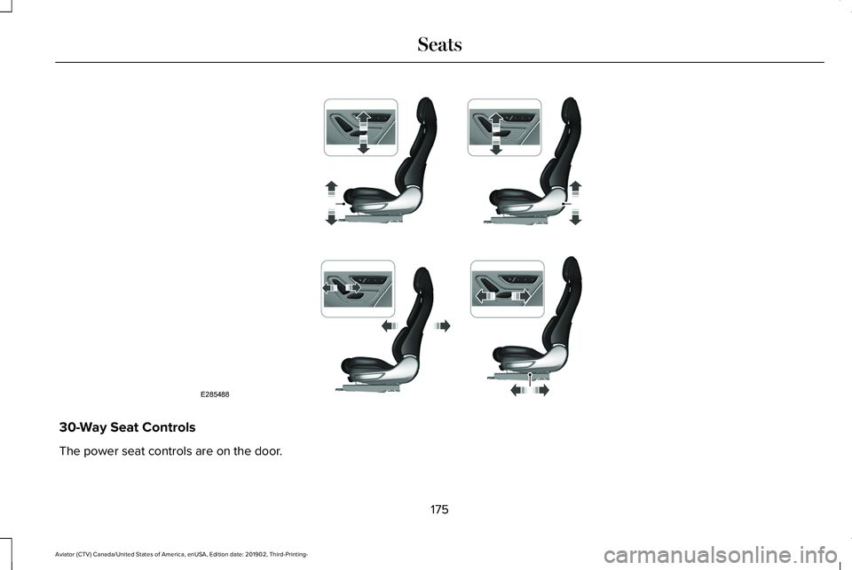 LINCOLN AVIATOR 2020  Owners Manual 30-Way Seat Controls
The power seat controls are on the door.
175
Aviator (CTV) Canada/United States of America, enUSA, Edition date: 201902, Third-Printing- SeatsE285488  