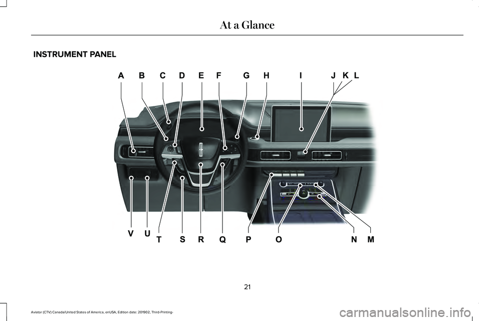 LINCOLN AVIATOR 2020  Owners Manual INSTRUMENT PANEL
21
Aviator (CTV) Canada/United States of America, enUSA, Edition date: 201902, Third-Printing- At a GlanceE282064   