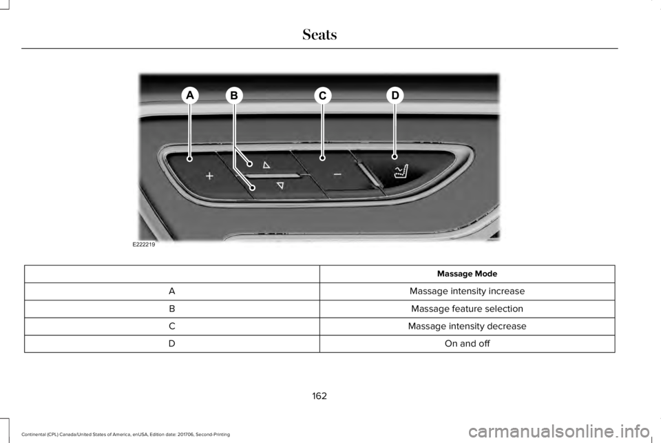 LINCOLN CONTINENTAL 2018  Owners Manual Massage Mode
Massage intensity increaseA
Massage feature selectionB
Massage intensity decreaseC
On and offD
162
Continental (CPL) Canada/United States of America, enUSA, Edition date: 201706, Second-P