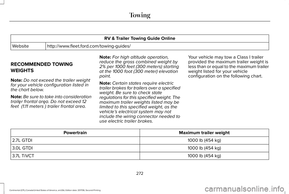 LINCOLN CONTINENTAL 2018  Owners Manual RV & Trailer Towing Guide Online
http://www.fleet.ford.com/towing-guides/Website
RECOMMENDED TOWING
WEIGHTS
Note:Do not exceed the trailer weightfor your vehicle configuration listed inthe chart below