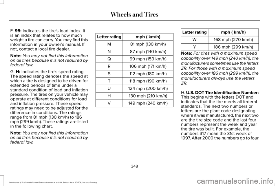 LINCOLN CONTINENTAL 2018  Owners Manual F. 95: Indicates the tire's load index. Itis an index that relates to how muchweight a tire can carry. You may find thisinformation in your owner’s manual. Ifnot, contact a local tire dealer.
No