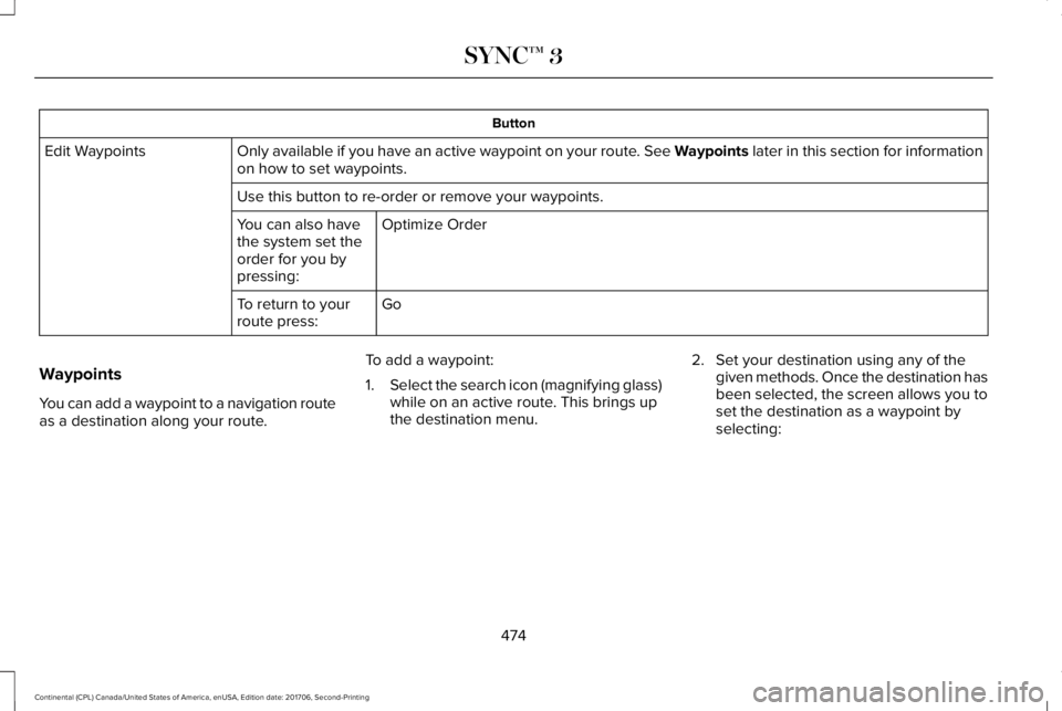 LINCOLN CONTINENTAL 2018  Owners Manual Button
Only available if you have an active waypoint on your route. See Waypoints later in this section for informationon how to set waypoints.Edit Waypoints
Use this button to re-order or remove your