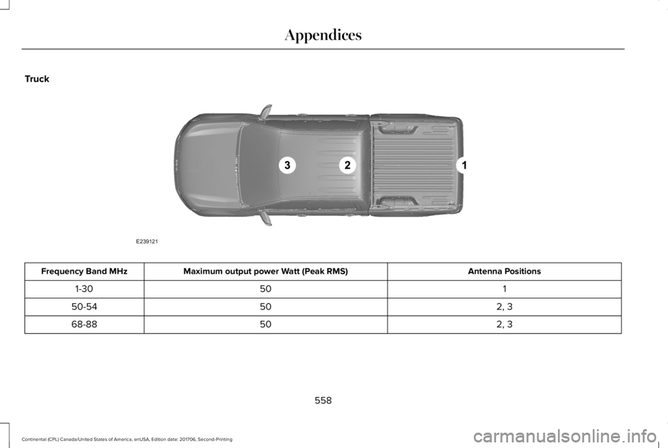 LINCOLN CONTINENTAL 2018  Owners Manual Truck
Antenna PositionsMaximum output power Watt (Peak RMS)Frequency Band MHz
1501-30
2, 35050-54
2, 35068-88
558
Continental (CPL) Canada/United States of America, enUSA, Edition date: 201706, Second