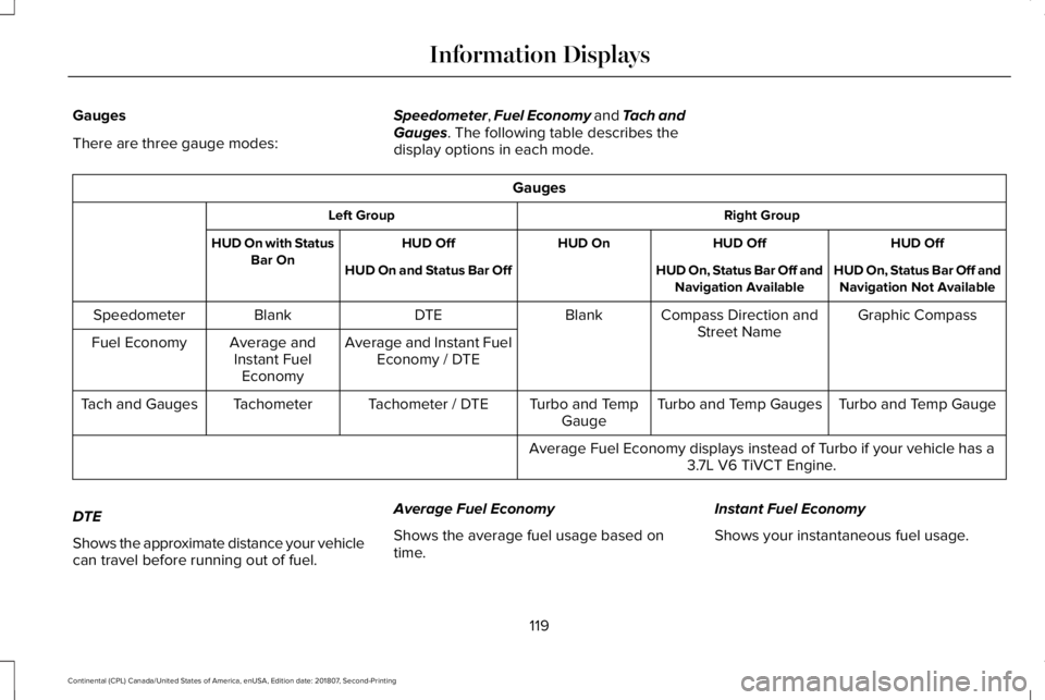 LINCOLN CONTINENTAL 2019  Owners Manual Gauges
There are three gauge modes:
Speedometer, Fuel Economy and Tach and
Gauges. The following table describes the
display options in each mode. Gauges
Right Group
Left Group
HUD Off
HUD Off
HUD On
