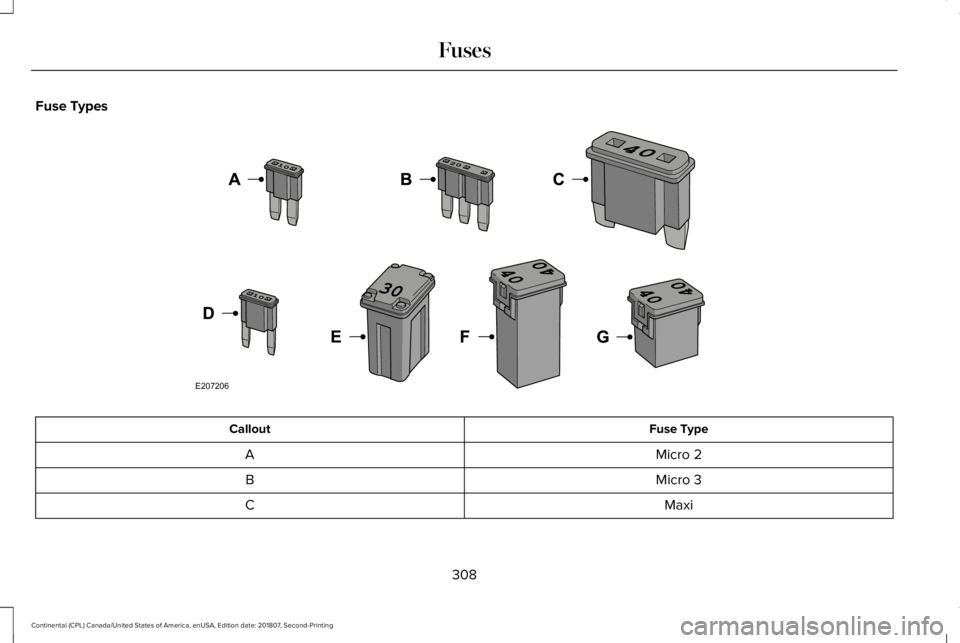 LINCOLN CONTINENTAL 2019  Owners Manual Fuse Types
Fuse Type
Callout
Micro 2
A
Micro 3
B
Maxi
C
308
Continental (CPL) Canada/United States of America, enUSA, Edition date: 201807, Second-Printing FusesE207206  