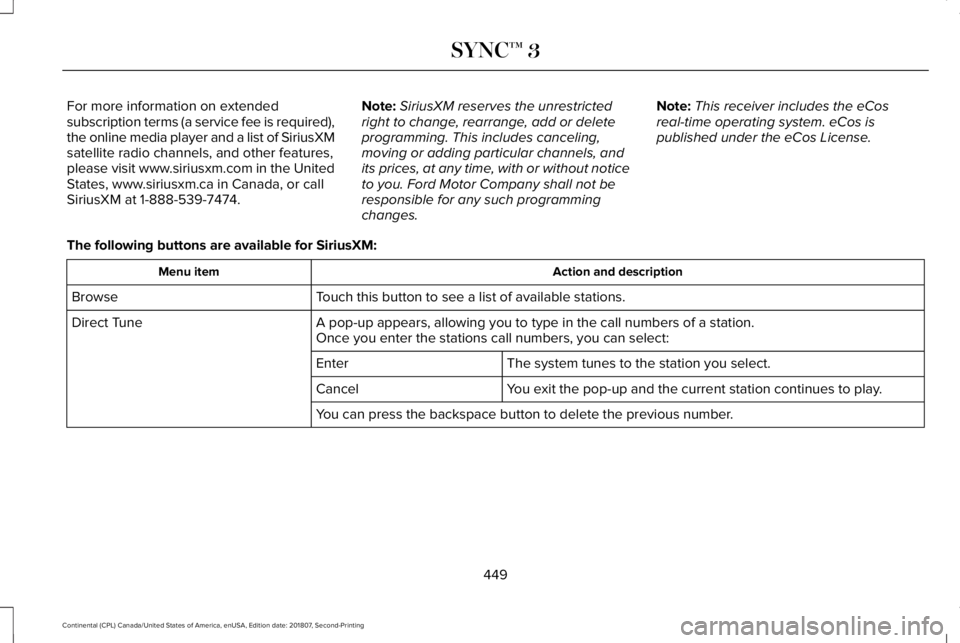 LINCOLN CONTINENTAL 2019  Owners Manual For more information on extended
subscription terms (a service fee is required),
the online media player and a list of SiriusXM
satellite radio channels, and other features,
please visit www.siriusxm.