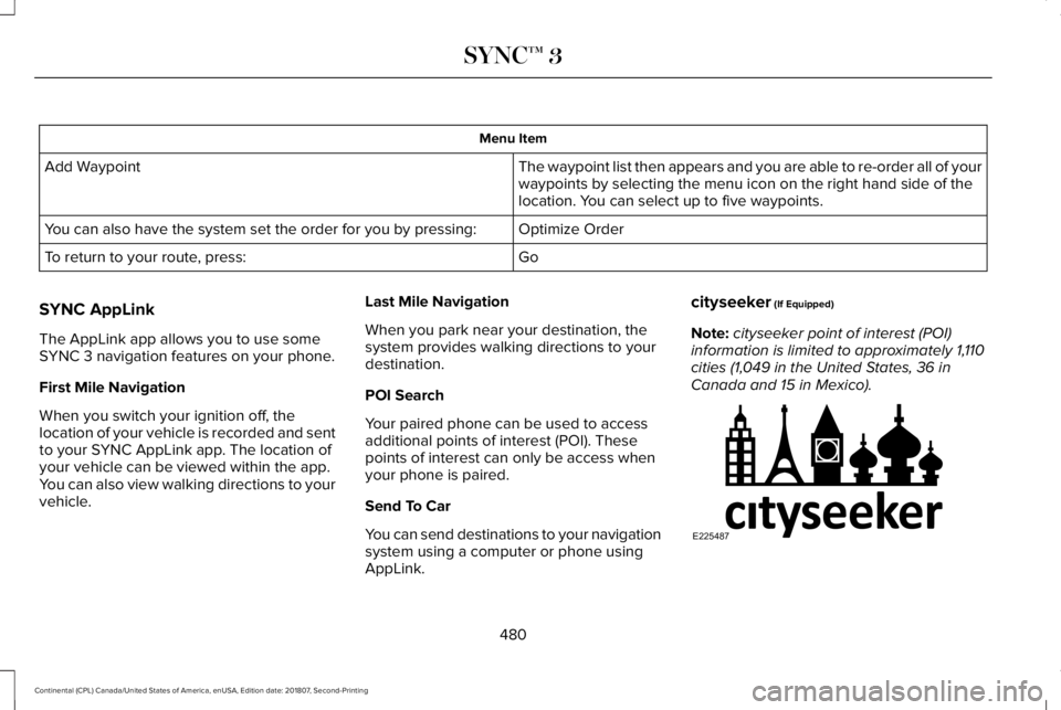 LINCOLN CONTINENTAL 2019 Owners Manual Menu Item
The waypoint list then appears and you are able to re-order all of your
waypoints by selecting the menu icon on the right hand side of the
location. You can select up to five waypoints.
Add LINCOLN CONTINENTAL 2019 Owners Manual Menu Item
The waypoint list then appears and you are able to re-order all of your
waypoints by selecting the menu icon on the right hand side of the
location. You can select up to five waypoints.
Add