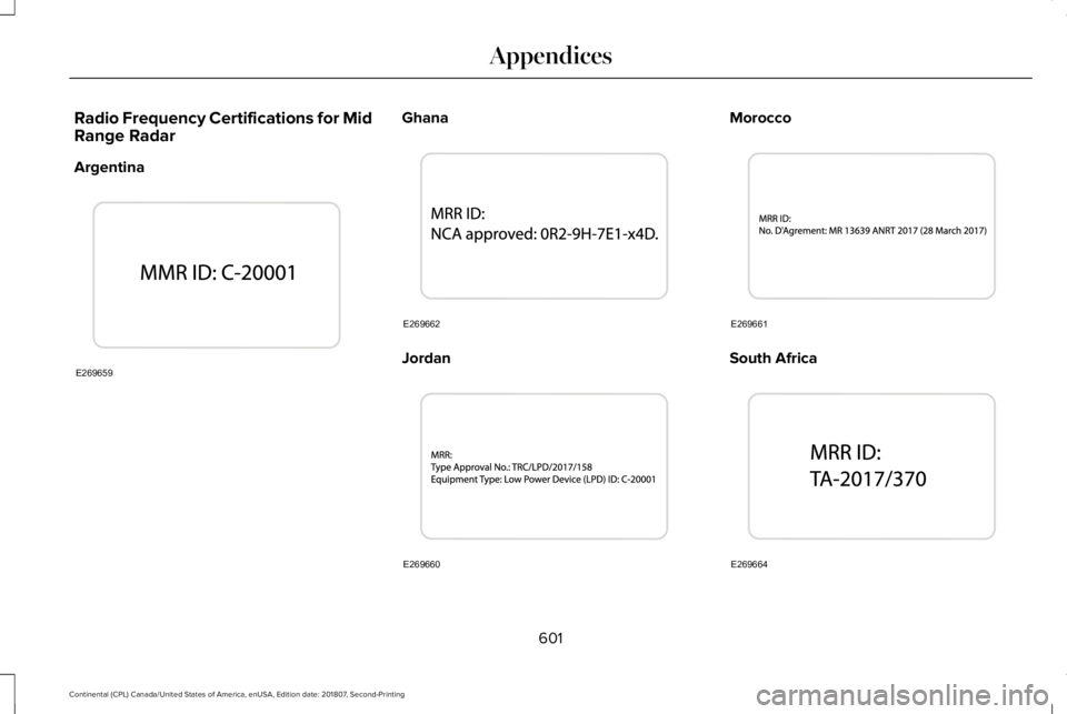 LINCOLN CONTINENTAL 2019  Owners Manual Radio Frequency Certifications for Mid
Range Radar
Argentina Ghana
Jordan Morocco
South Africa
601
Continental (CPL) Canada/United States of America, enUSA, Edition date: 201807, Second-Printing Appen