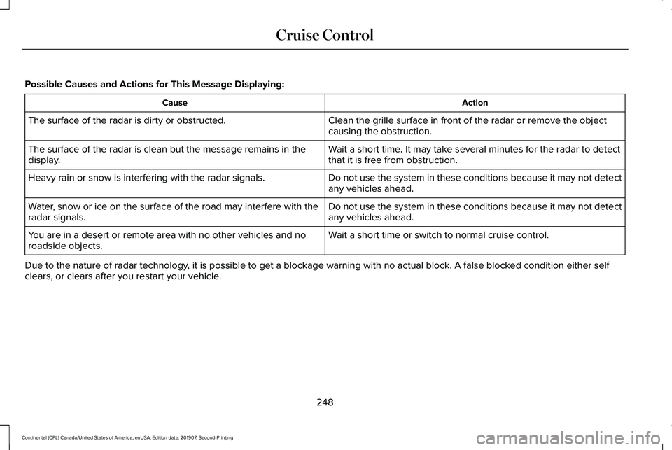 LINCOLN CONTINENTAL 2020 Owners Manual Possible Causes and Actions for This Message Displaying:
Action
Cause
Clean the grille surface in front of the radar or remove the object
causing the obstruction.
The surface of the radar is dirty or LINCOLN CONTINENTAL 2020 Owners Manual Possible Causes and Actions for This Message Displaying:
Action
Cause
Clean the grille surface in front of the radar or remove the object
causing the obstruction.
The surface of the radar is dirty or