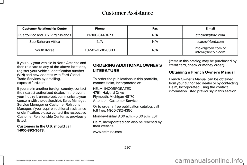 LINCOLN CONTINENTAL 2020 Owners Manual E-mail
Fax
Phone
Customer Relationship Center
atnclien@ford.com
N/A
+1-800-841-3673
Puerto Rico and U.S. Virgin Islands
ssacrc@ford.com
N/A
N/A
Sub-Saharan Africa
infokr1@ford.com orinfokr@lincoln.com LINCOLN CONTINENTAL 2020 Owners Manual E-mail
Fax
Phone
Customer Relationship Center
atnclien@ford.com
N/A
+1-800-841-3673
Puerto Rico and U.S. Virgin Islands
ssacrc@ford.com
N/A
N/A
Sub-Saharan Africa
infokr1@ford.com orinfokr@lincoln.com