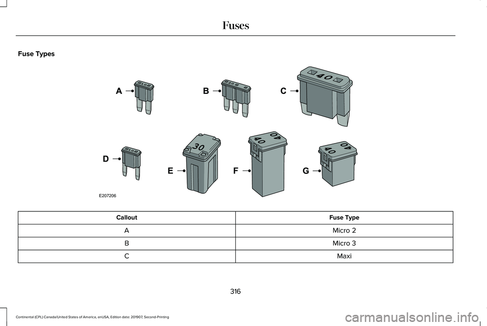 LINCOLN CONTINENTAL 2020  Owners Manual Fuse Types
Fuse Type
Callout
Micro 2
A
Micro 3
B
Maxi
C
316
Continental (CPL) Canada/United States of America, enUSA, Edition date: 201907, Second-Printing FusesE207206  