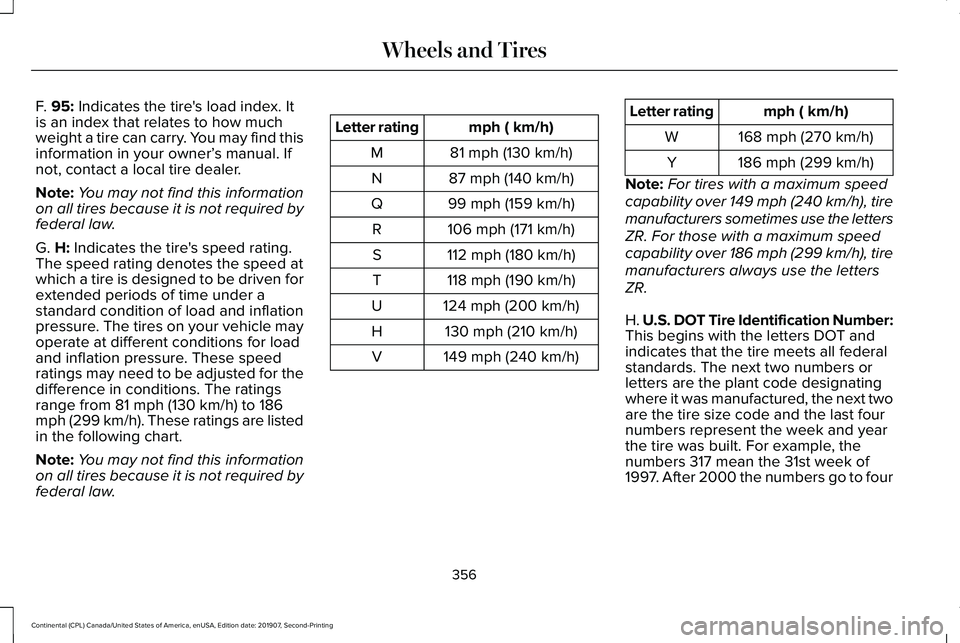 LINCOLN CONTINENTAL 2020  Owners Manual F. 95: Indicates the tire's load index. It
is an index that relates to how much
weight a tire can carry. You may find this
information in your owner’ s manual. If
not, contact a local tire deale