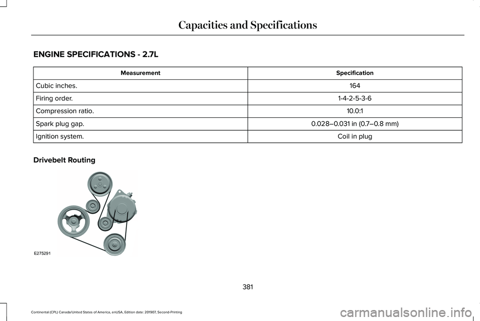 LINCOLN CONTINENTAL 2020  Owners Manual ENGINE SPECIFICATIONS - 2.7L
Specification
Measurement
164
Cubic inches.
1-4-2-5-3-6
Firing order.
10.0:1
Compression ratio.
0.028–0.031 in (0.7–0.8 mm)
Spark plug gap.
Coil in plug
Ignition syste