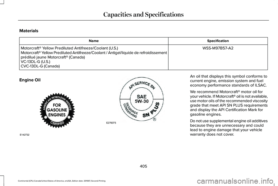LINCOLN CONTINENTAL 2020  Owners Manual Materials
Specification
Name
WSS-M97B57-A2
Motorcraft® Yellow Prediluted Antifreeze/Coolant (U.S.)
Motorcraft® Yellow Prediluted Antifreeze/Coolant / Antigel/liquide de refroidissement\
prédilué 