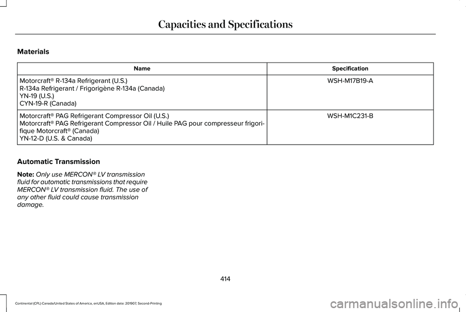 LINCOLN CONTINENTAL 2020  Owners Manual Materials
Specification
Name
WSH-M17B19-A
Motorcraft® R-134a Refrigerant (U.S.)
R-134a Refrigerant / Frigorigène R-134a (Canada)
YN-19 (U.S.)
CYN-19-R (Canada)
WSH-M1C231-B
Motorcraft® PAG Refriger