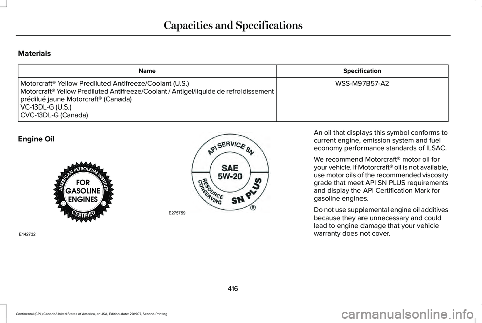 LINCOLN CONTINENTAL 2020  Owners Manual Materials
Specification
Name
WSS-M97B57-A2
Motorcraft® Yellow Prediluted Antifreeze/Coolant (U.S.)
Motorcraft® Yellow Prediluted Antifreeze/Coolant / Antigel/liquide de refroidissement\
prédilué 