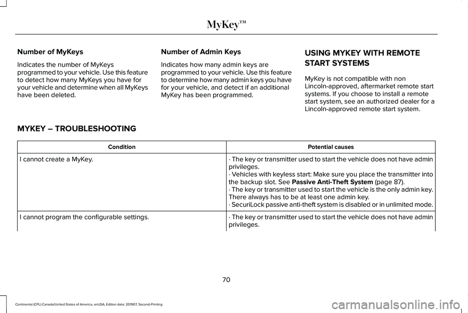 LINCOLN CONTINENTAL 2020 Owners Manual Number of MyKeys
Indicates the number of MyKeys
programmed to your vehicle. Use this feature
to detect how many MyKeys you have for
your vehicle and determine when all MyKeys
have been deleted.
Number LINCOLN CONTINENTAL 2020 Owners Manual Number of MyKeys
Indicates the number of MyKeys
programmed to your vehicle. Use this feature
to detect how many MyKeys you have for
your vehicle and determine when all MyKeys
have been deleted.
Number