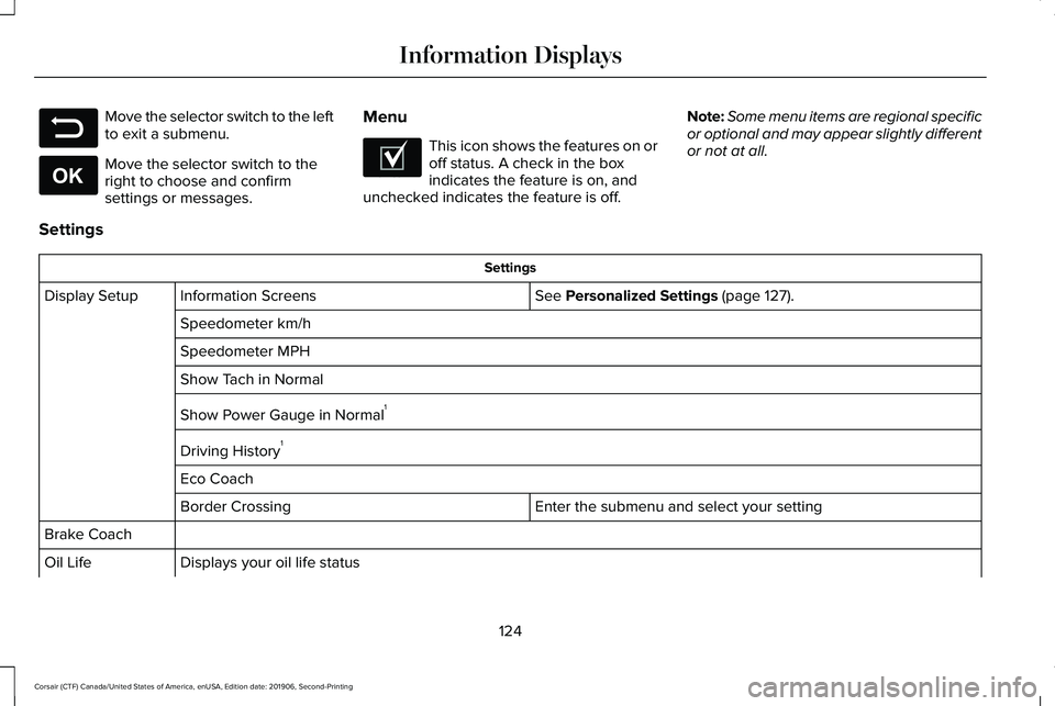 LINCOLN CORSAIR 2020  Owners Manual Move the selector switch to the left
to exit a submenu.
Move the selector switch to the
right to choose and confirm
settings or messages.
Menu This icon shows the features on or
off status. A check in