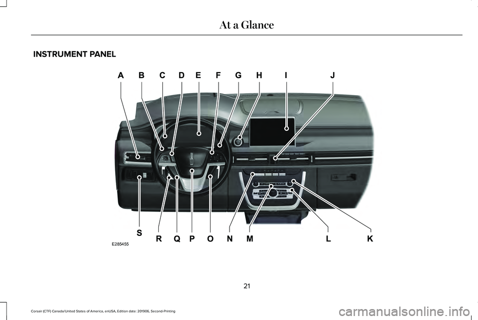 LINCOLN CORSAIR 2020  Owners Manual INSTRUMENT PANEL
21
Corsair (CTF) Canada/United States of America, enUSA, Edition date: 201906, Second-Printing At a GlanceE285455  