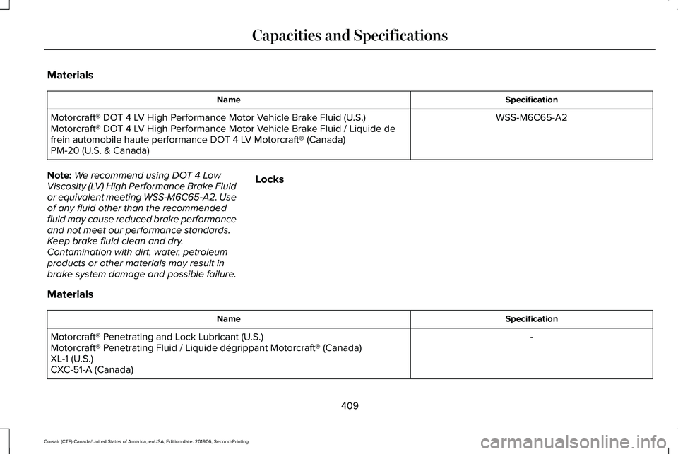 LINCOLN CORSAIR 2020 Owners Manual Materials
Specification
Name
WSS-M6C65-A2
Motorcraft® DOT 4 LV High Performance Motor Vehicle Brake Fluid (U.S.)
Motorcraft® DOT 4 LV High Performance Motor Vehicle Brake Fluid / Liquide de
frein au LINCOLN CORSAIR 2020 Owners Manual Materials
Specification
Name
WSS-M6C65-A2
Motorcraft® DOT 4 LV High Performance Motor Vehicle Brake Fluid (U.S.)
Motorcraft® DOT 4 LV High Performance Motor Vehicle Brake Fluid / Liquide de
frein au