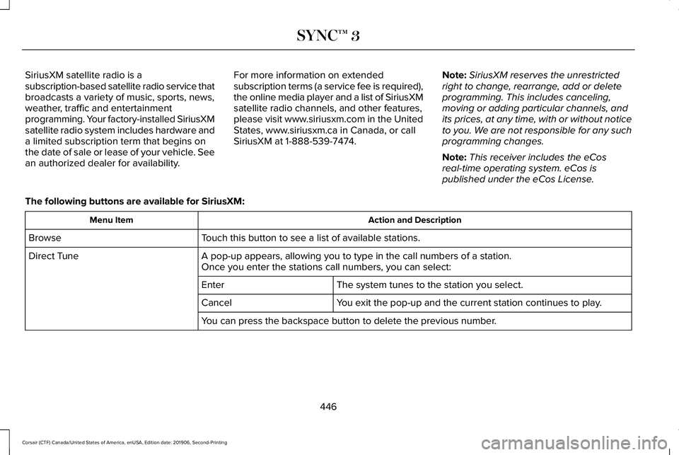 LINCOLN CORSAIR 2020 Owners Manual SiriusXM satellite radio is a
subscription-based satellite radio service that
broadcasts a variety of music, sports, news,
weather, traffic and entertainment
programming. Your factory-installed Sirius LINCOLN CORSAIR 2020 Owners Manual SiriusXM satellite radio is a
subscription-based satellite radio service that
broadcasts a variety of music, sports, news,
weather, traffic and entertainment
programming. Your factory-installed Sirius
