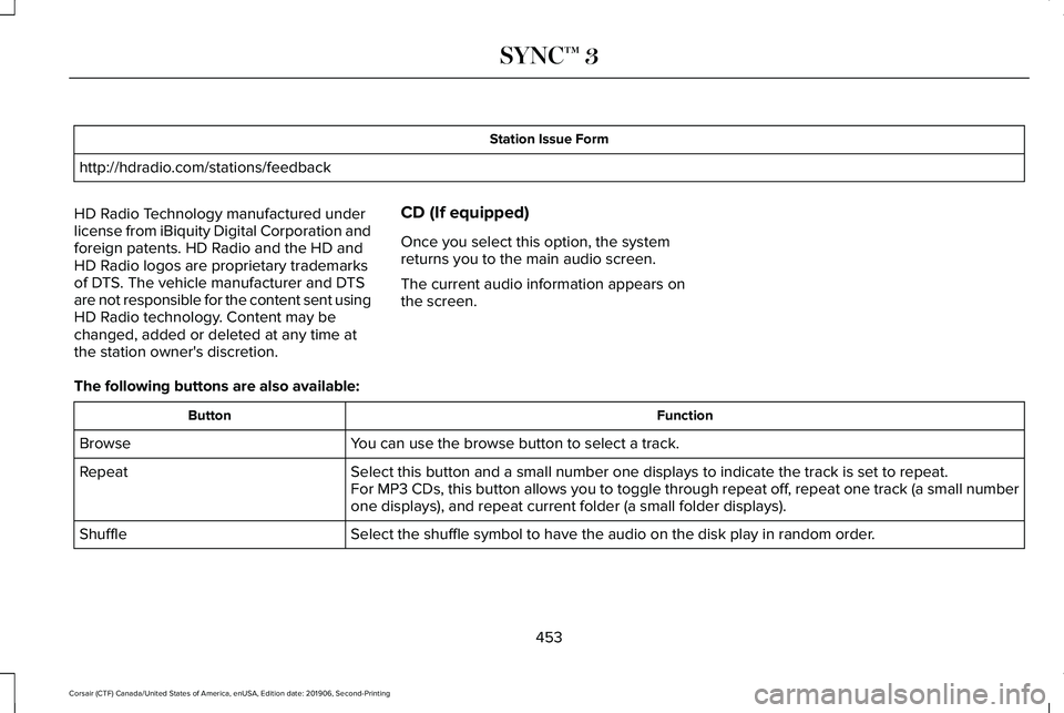 LINCOLN CORSAIR 2020 Owners Manual Station Issue Form
http://hdradio.com/stations/feedback
HD Radio Technology manufactured under
license from iBiquity Digital Corporation and
foreign patents. HD Radio and the HD and
HD Radio logos are LINCOLN CORSAIR 2020 Owners Manual Station Issue Form
http://hdradio.com/stations/feedback
HD Radio Technology manufactured under
license from iBiquity Digital Corporation and
foreign patents. HD Radio and the HD and
HD Radio logos are