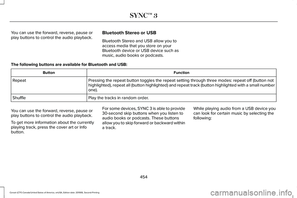 LINCOLN CORSAIR 2020 Owners Manual You can use the forward, reverse, pause or
play buttons to control the audio playback.
Bluetooth Stereo or USB
Bluetooth Stereo and USB allow you to
access media that you store on your
Bluetooth devic LINCOLN CORSAIR 2020 Owners Manual You can use the forward, reverse, pause or
play buttons to control the audio playback.
Bluetooth Stereo or USB
Bluetooth Stereo and USB allow you to
access media that you store on your
Bluetooth devic