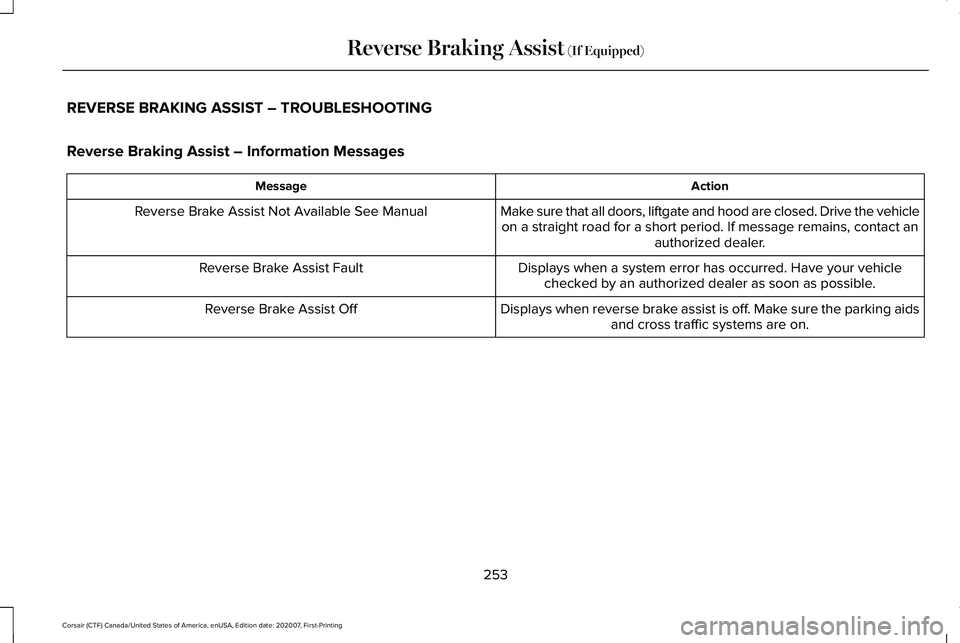 LINCOLN CORSAIR 2021  Owners Manual REVERSE BRAKING ASSIST – TROUBLESHOOTING
Reverse Braking Assist – Information Messages
Action
Message
Make sure that all doors, liftgate and hood are closed. Drive the vehicleon a straight road fo
