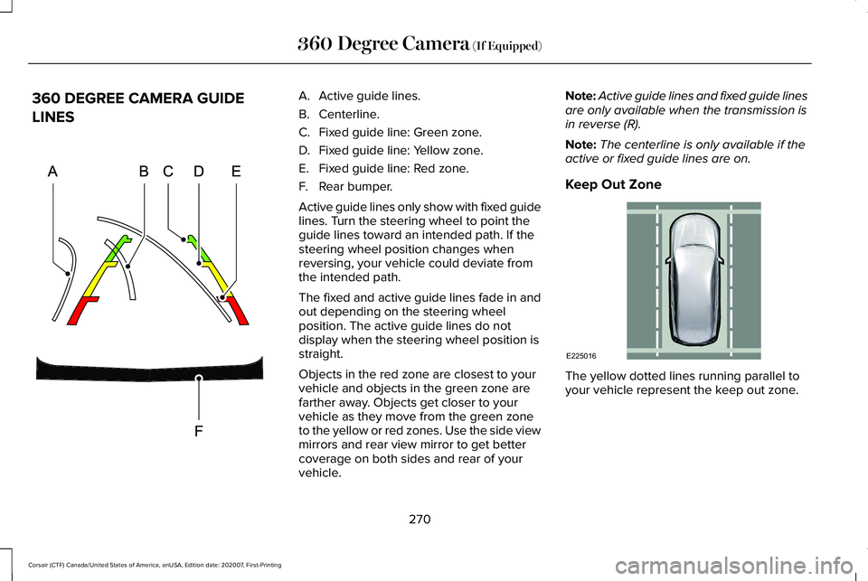 LINCOLN CORSAIR 2021  Owners Manual 360 DEGREE CAMERA GUIDE
LINES A. Active guide lines.
B. Centerline.
C.
Fixed guide line: Green zone.
D. Fixed guide line: Yellow zone.
E. Fixed guide line: Red zone.
F. Rear bumper.
Active guide lines